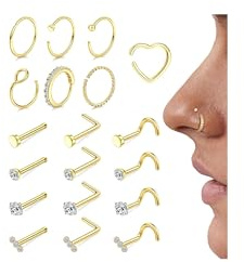 Morfetto 19 Stück Nasenpiercing Stecker Chirurgenstahl Piercing Nase | 18G/20G L-Förmig Screws Nasenstecker Nasenpiercing Ring Wasserfest Nasenring Gold Silber Dünn Nostril Piercing Schmuck Set