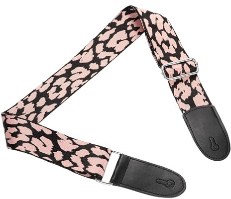 sourcing map Gitarrengurt, Baumwollgewebe, Leder-Enden, Vintage-Stickerei, 5,1 cm breit, verstellbare Gurte mit silberfarbener Schnalle, für Akustik-, Elektro-, Bassgitarren, Beige-weißer Leopard