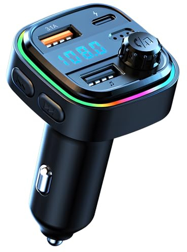 Knocery Trasmettitore FM Bluetooth per auto, radio, lettore musicale, MP3, ricarica rapida USB e tipo C QC3.0, vivavoce, multicolore