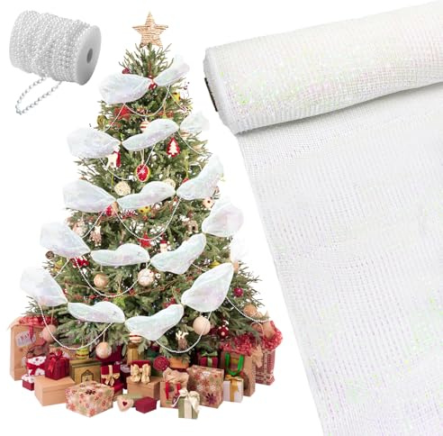 Weihnachtsbaum Band Schleife, Rollen Weihnachts-Poly-Netzband, Weihnachtsbaum Kranz, Metallic Folie Mesh Stoff Weihnachtsband für DIY Party Wrapping Craft (White)
