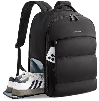 bagsmart 30L Reiserucksack für Damen, Handgepäck Rucksack für Flugzeuge, Turnrucksack mit Schuhfach, leichte Reisetasche für 15,6 Zoll, wasserabweisend, Schwarz
