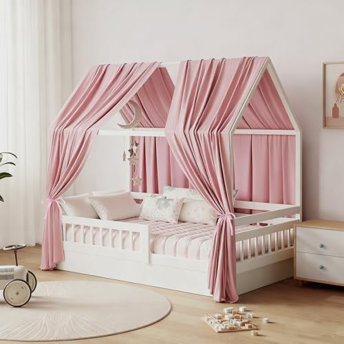 GFCC Ciel de Lit Cabane Ensemble de Décoration avec 2 Pièces Rideaux Lit Cabane Enfant Baldaquin Ciel en Tissu de Maison Chambre pour Fille Garçon,125 x 350 cm Rose