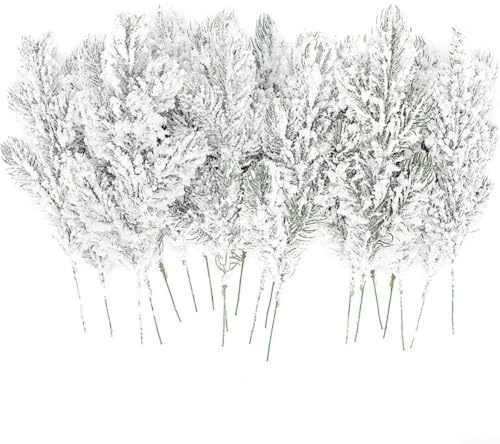 Zilimontt 15 künstliche Tannennadelzweige mit mattiertem Schnee-Effekt für Feiertagsbasteln, Weihnachtsbaumverzierungen, Kränze, Girlanden und saisonale Displays (2)