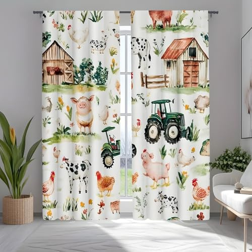 YZQGLHP Kühe, Schweine, Hühner Vorhänge, Ländlicher Bauernhof Gardinen, Verdunklungsvorhänge, Schallschutz Vorhang, für Sichtschutz im Wohn und Schlafzimmer, B117 x H137 cm (2er-Pack)