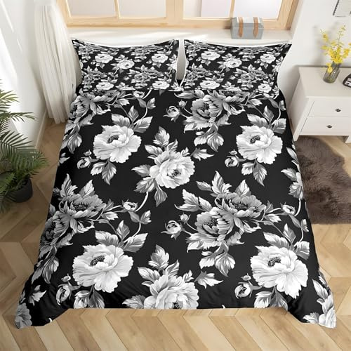 Ypthriline Bettwäsche 135x200 Pfingstrosen Kinder Bettwäsche 3teilig schwarz und weiß Bettbezug Mikrofaser mit Reißverschluss mit 2 Kissenbezug 80x80