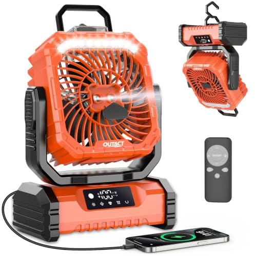 Deepoter Ventilador Camping Recargable con Nebulizadory Luz LED - Naranja | 20000mAh,de LED,Portátil USB Silencioso, Oscilación Ventilador Batería para Tienda, Caravana, Supervivencia, Oficina, Exterio