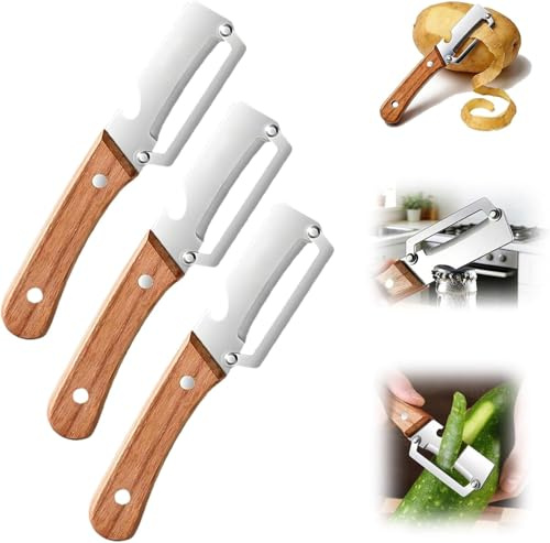Aubzy Zero Snag Holzschäler Edelstahl - 3-in-1 Gemüseschäler mit Holzgriff & Flaschenöffner, ergonomischer Sparschäler für Kartoffel Apfel Karotte (3 St)