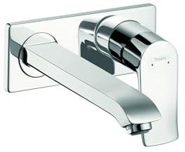 hansgrohe Metris Modern Premium Easy Install 1 2-Hole Wall Mounted Bathroom Faucet in Chrome, 31086001