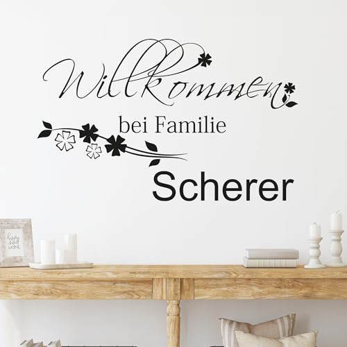 GRAZDesign Wandtattoo Willkommen bei Familie Wunschname für Flur, Wandsticker Flur und Diele, Eingang, Wandtattoo Sprüche Wandsprüche, Sticker Aufkleber modern - 77x50cm / 070 schwarz