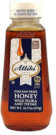 Attiki Pure Greek Honey with Thyme, Wild Flowers and Herbs, Perfect for Baking, Cooking, Lemonade and Tea, 16.58 oz (470 grams), Bottle