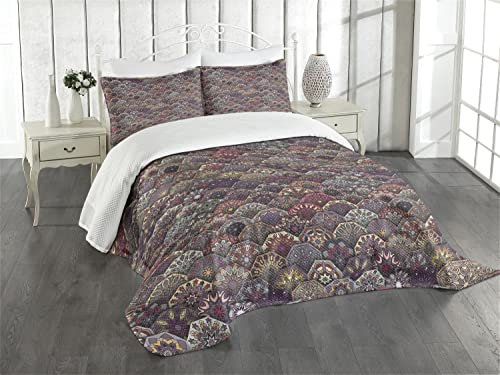 ABAKUHAUS marokkanisch Tagesdecke Set, Retro Aufwändige Mandala, Set mit Kissenbezügen Waschbar, für Doppelbetten 264 x 220 cm,Magenta Grau