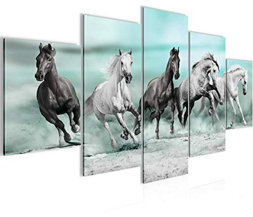 Runa Art Wandbilder Pferde 5 Teilig Bild auf Vlies Leinwand Deko Wohnzimmer Schlafzimmer Tiere Blau 014152b
