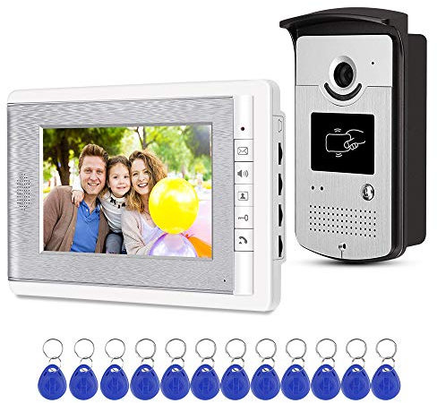 uoweky Gegensprechanlage für Haus, Video, RFID, Zutrittskontrollsystem, 1 Kamera, 1 Monitor, 7 Zoll, TFT-Farbbildschirme, EM-Sperre, Entriegelung + 10 Blaue ID-Schlüsselanhänger (1 Kamera, 1 Monitor)