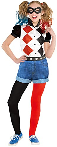 amscan Mädchen Kinderkostüm Harley Quinn Amscan - Kinderkostüm Harley Quinn, Satin-Shirt, Shorts mit Leggings, Gürtel, Augenmaske, Joker, Clown, Motto-Party, Karneval