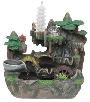 Zimmerbrunnen mit LED Beleuchtung & Glaskugel in Bruchoptik Wasserfall Brunnen Indoor & Outdoor Polyresin Steinoptik Tischbrunnen mit Pumpe Zen Deko Wohnzimmer, Büro, Balkon & Garten 33 x 35 x 21 cm