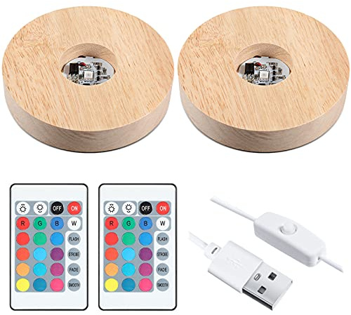 Honoson 3.94 Inch Wooden Light Stand Base Colorful LED Lights Display Base with Remote Control for Selenite Tower 3D Laser Crystal Glass Resin Art (2 Pieces)