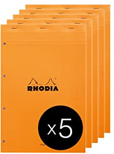 Rhodia 119600C - Packung mit 5 Notizblöcken geheftet No.20, DIN A4+, 80 Blätter gelb liniert mit Rand perforiert, 80g, Orange, 1 Pack