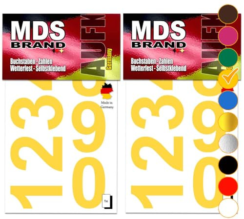 MDS Brand Zahlenaufkleber 2er/pk Selbstklebend Klebezahlen Freistehende wetterfest für Briefkasten, Mülltonne & Basteln Peel (5cm, Gelb)