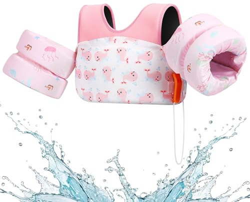 HeySplash Braccioli Gonfiabili, Canottiera per Piscina Giacca di Sicurezza per Piscina, Galleggiante per Nuoto con Motivo Cartone Animato e Due Cinghie, per Bambini da 15-30 KG, Balena Rosa