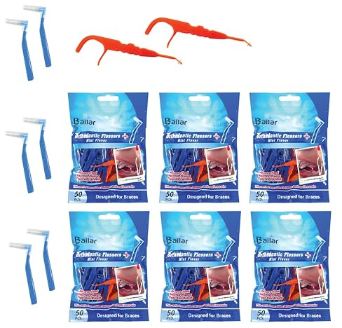 Orto Zahnseide | Zahnseide für Zahnspangen | Zahnseide Zahnseide passt zwischen Draht und Zähne | schnelle und einfache Zahnseide | 200 Stück Beutel | 4 Stück Bonus 4 Interdentalbürsten