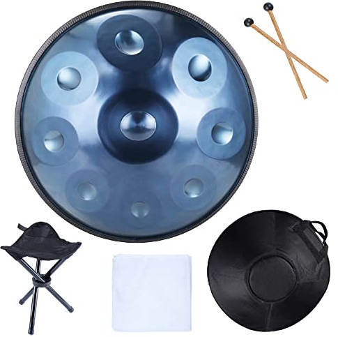 22 Zoll Steel Tongue Drum 9 Notes Hand Drum Percussion Instrument Set mit Drumsticks, Handpan-Ständer, staubfreiem Tuch, Tragetasche für Sound Healing