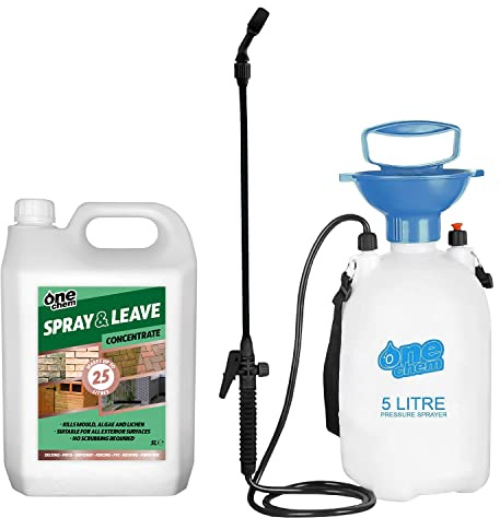 One Chem 5 Litre Concentrate Spray and Leave with 5L Garden Sprayer - Patio Decking Fencing - Green Mould and Algae Killer - Makes up to 25 Litres