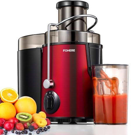 Juicer Machines, FOHERE Centrifugal Juicer Extractor Max Power 900W with Large 3” Feed Chute for Whole Fruit and Vegetables, Easy to Clean, 3 Speed Control, Cleaning Brush and Recipe Included, Red