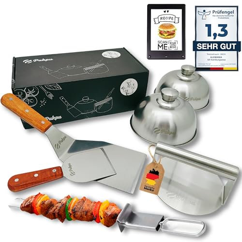 PUKPU Smash Burger Set – 6-teiliges BBQ & Grillzubehör mit Burgerpresse, Burger Smasher, 2 Schmelzglocken, Grillspachtel & Spieß – Geschenk für Männer & Grillfans (Braun, 6)