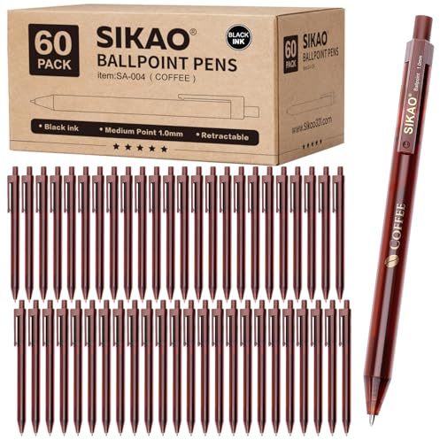 Sikao Penne Coffee, set da 60 – Penne a sfera a scatto con inchiostro nero, punta media 1,0 mm, scrittura fluida, corpo marrone caffè con stampa dorata “COFFEE”, per ufficio, scuola e bar, reception