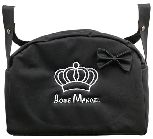 MODIN Bolso Carro Bebe Polipiel Personalizado Corona Bordado Bolsa Maternidad Bolso Hospital Bebé con asa larga para colgar (NEGRO)