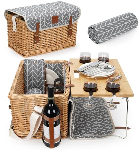 WILLOW WEAVE Luxuriöser Picknickkorb, Weiden-Picknickkorb-Set für 4 Personen, Picknickkorb mit Decke und tragbarem Tisch für Camping und Partys im Freien – Grau
