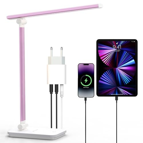 Chesbung Schreibtischlampe, LED Schreibtischlampe, dimmbare Tischleuchte, 5 Farb- und 5 Helligkeitsstufen, Touch-Bedienung, faltbar, mit USB-Ladeanschluss und Augenschutz (Rosa - Mit USB Ladegerät)