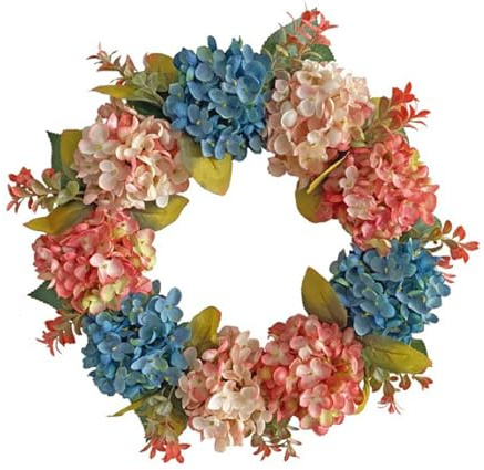 belupai Corona de Hortensias Hecha a Mano de 15.7 Pulgadas, Corona de Hortensias Artificiales Azul Rosa Primavera Verano Granja Floral Corona de Flores para Puerta de Entrada Todas Las(Multicolor)
