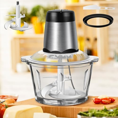 Food Processor, Mini Meat Grinder & Food Chopper with 2L Transparent Glass Bowl, Electric Food Chopper with 2 Sets of Large Sharp Blades for Meat, Vegetables, Fruits, 2-Speed Kitchen Cutter