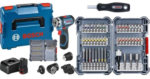 Bosch Professional GSR 12V-15 FC, Noir, 2 x 2.0Ah batterie/chargeur/accessoires + 45 pièces Assortiment d’embouts de vissage personnalisable (Accessoire Perceuses)