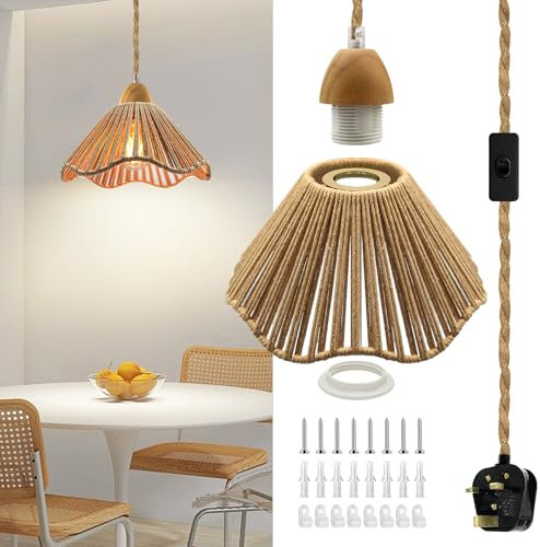 Retro Plug in Hanging Light Fixtures, 510cm Lengthend Hemp Rope Pendant Lights, Rustic Plug in Ceiling Light Fixture with Detachable Woven Lampshade, DIY Pendant Lamp Kit with Plug Switch,for Studio