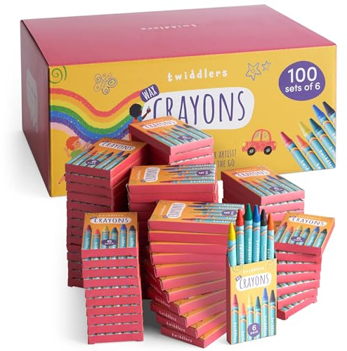 THE TWIDDLERS - 100 Sets di Pastelli a Cera Colorate Bambini, 6 Crayons per Scatola, 600 Totale - Bomboniere e Pignatta