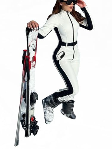 Minetom Damen Einteiliger Skioverall Winter Warm Schnee Skifahren Sätze Outdoor Jumpsuit Overall mit Reißverschluss Taschen Skianzüge Schneeanzug A Weiß M