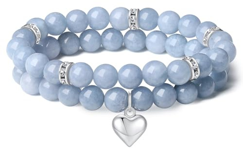AWARDSEN 2 Stück Aquamarin Herz Edelstein Armband Damen Geschenk für Frauen