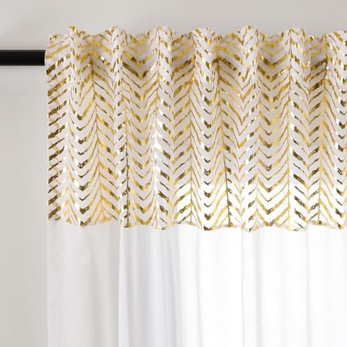 L.Z.E Gardinen Gold Weiß mit Kräuselband Vorhänge Transparent für Wonzimmer Schlafzimmer für Schienensystem 160 cm Kurz Gardine Vorhang Schiene Deko Gardinenschal mit Zierbändern 2er Set