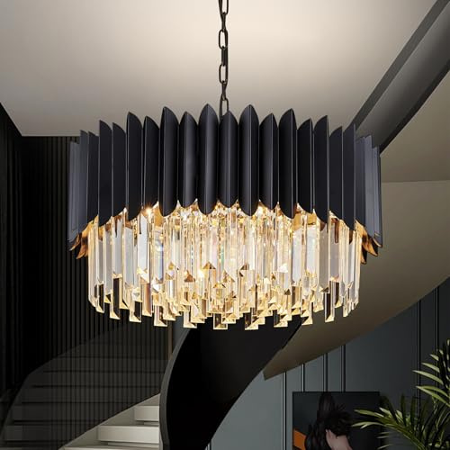 PAFRUMGE 20 Black Crystal Chandelier 4-Tier Round 6 Lights Ceiling Light Fixture K9 Pendant Hanging for Entryway Foyer Dining Room Bedroom Living Room