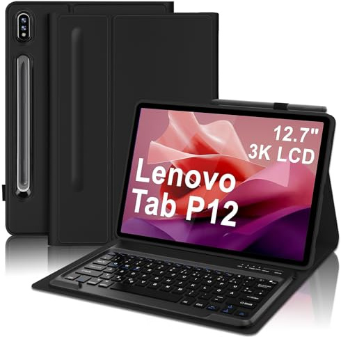 SENGBIRCH Funda con Teclado para Lenovo Tab P12 12.7, Teclado Español Ñ Bluetooth Inalámbrico Desmontable para Lenovo P12 Tablet 2023 12.7 TB370FU, Negro