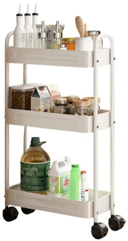 Awoyep Rollwagen Küche Nischenwagen Küchenwagen mit Rollen: Küchenrollwagen Multifunktional Mobiler Servierwagen Schmal Bücherwagen Aufbewahrungswagen für Büro Bad Schlafzimmer (Weiß, 3 Ebenen)