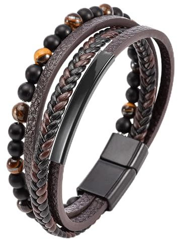 JUZICHEN Bracelet Cuir Homme et Acier Inoxydable, Noir Marron Bleu Bracelet Perles Pour Hommes, 19CM/21CM/23CM Bracelets Cuir Bijoux Cadeau Homme Papa Papy