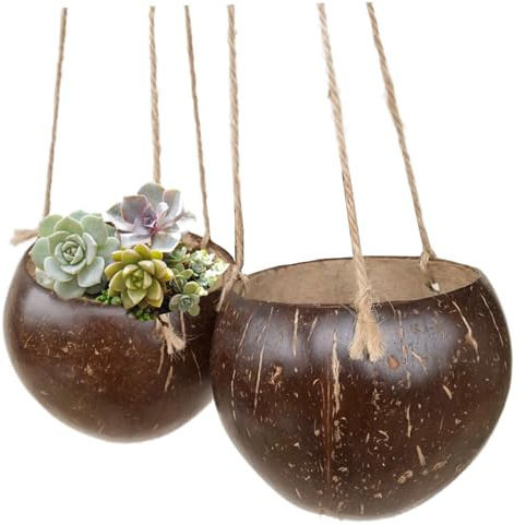 Jorzer 2Pcs Small Hanging Pot, Coconut Shells Hanging Plant Holder with Rope for Succulents, Flowers, Indoor/Outdoor Gardens, Eco-Friendly & Sustainable