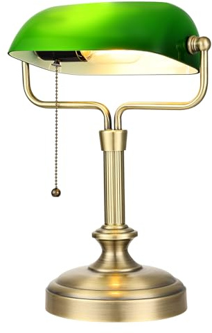 LOFOB Banker Schreibtischlampe, Glasschatten, Vintage -Lampe mit Pull -Kettenschalter für Heimbüro, Klavierlampe (Antique Bronze+Green)