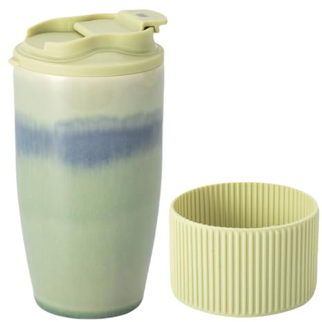 TaoTaojarvie Ceramic Travel Coffee Mug with Polypropylene Lid and Insulated Sleeve, 16 oz, Portable Coffee Cup for Car Cup Holder, Transmutation Glaze Microwave and Dishwasher Safe(Light Green)