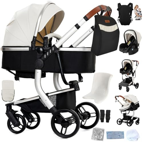 Passeggino 3 in 1 con navicella e seggiolino auto,passeggino reversibile con seduta alta,pieghevole per neonati e bambini piccoli(bianco)