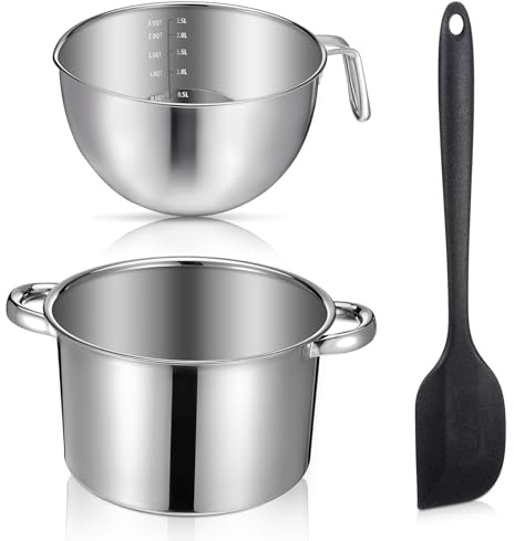 Double Boiler Pot Set, Include 2500ml/2.3QT Mixing Bowl and 4000ml/3.63qt Stainless Steel Pot, Silicone Spatula, For Candy, Soap Wax Candle Making Supplies, Induction Safe