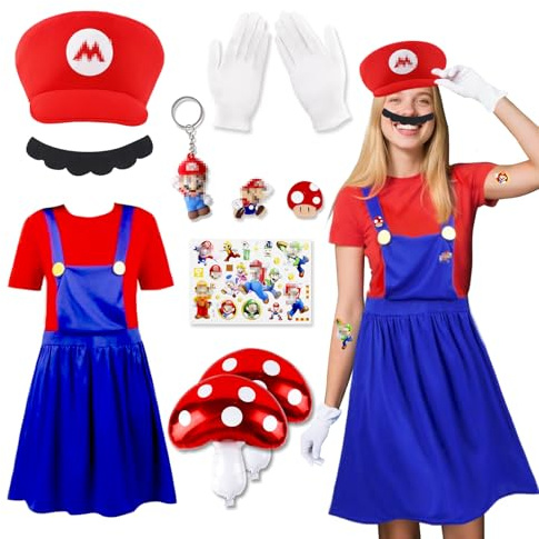 Cosplay Kostüm Damen- Super Brothers Cosplay Rock Kostüm mit Cap Schnurrbart Luftballons Tattoos Broschen Cos Kleid Rock Set Damen Mädchen Outfit für Halloween Weihnachten Karneval Faschingskostüme XL